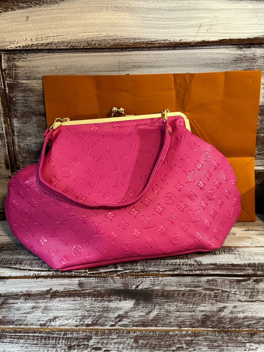 Designer-Style Hot Pink Embossed Dome Handbag - Picture 2 of 15
